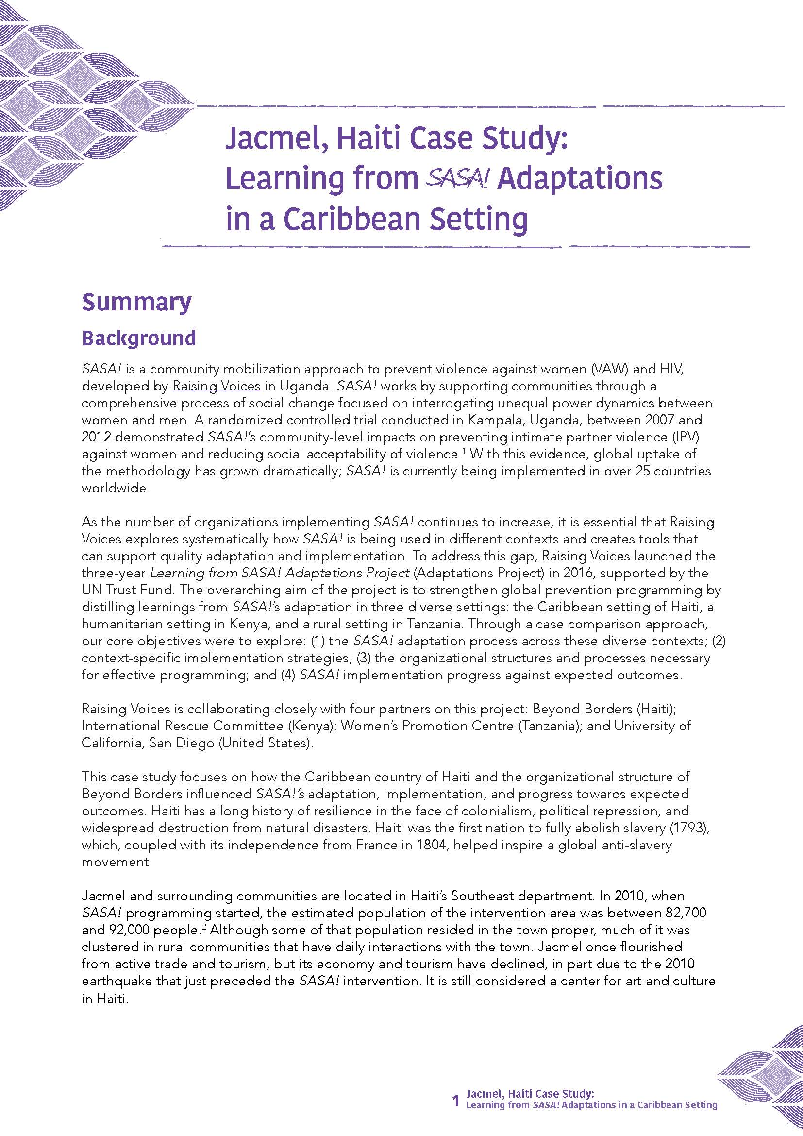 SASA! Adaptations in a Caribbean Setting (Summary)
